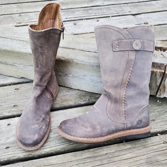 Born Tonic Wet Weather Gray Oiled Suede Leather Mid Calf Rustic Boots 6.5 - Picture 2 of 10